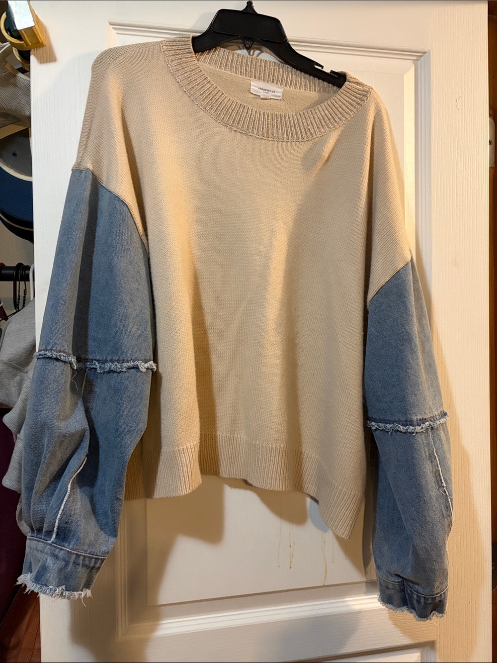 Beige Knit Sweater with Denim Puff Sleeves - Casual Women's Pullover